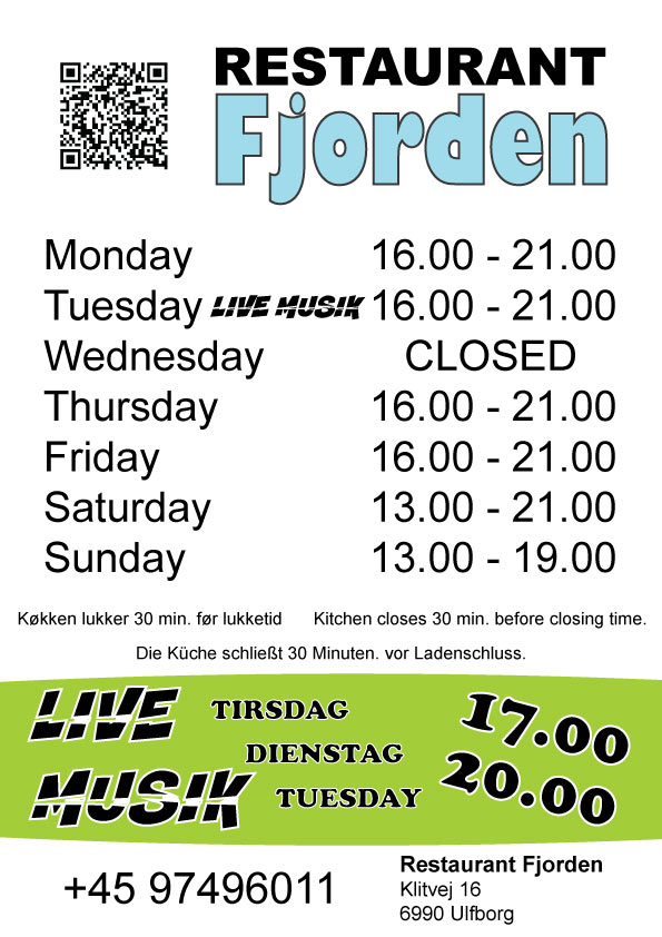 juli Åbningstider live musik 26 med QRkode